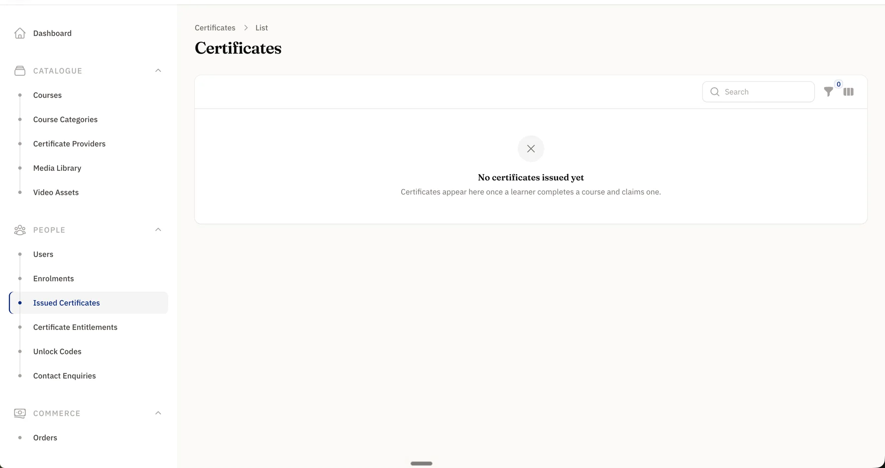 Issued certificates register, empty, explaining that certificates appear once a learner completes a course and claims one.