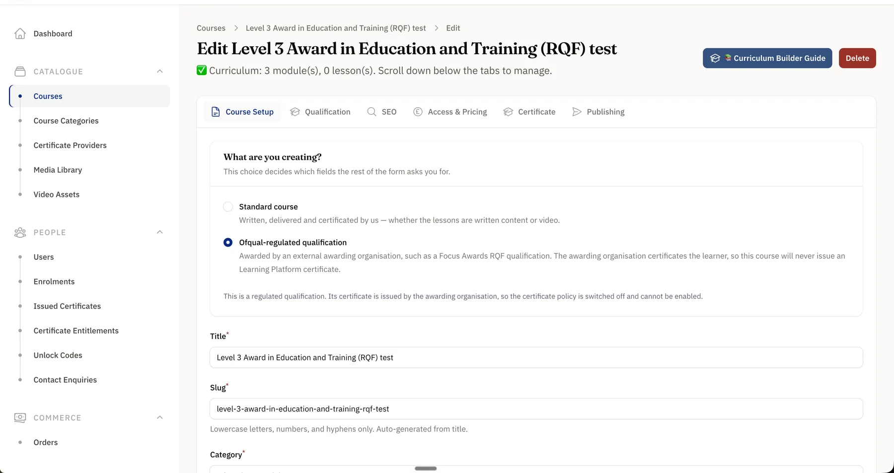 Course editor asking whether the course is a standard course or an externally regulated qualification, explaining that a regulated qualification will never issue a platform certificate.