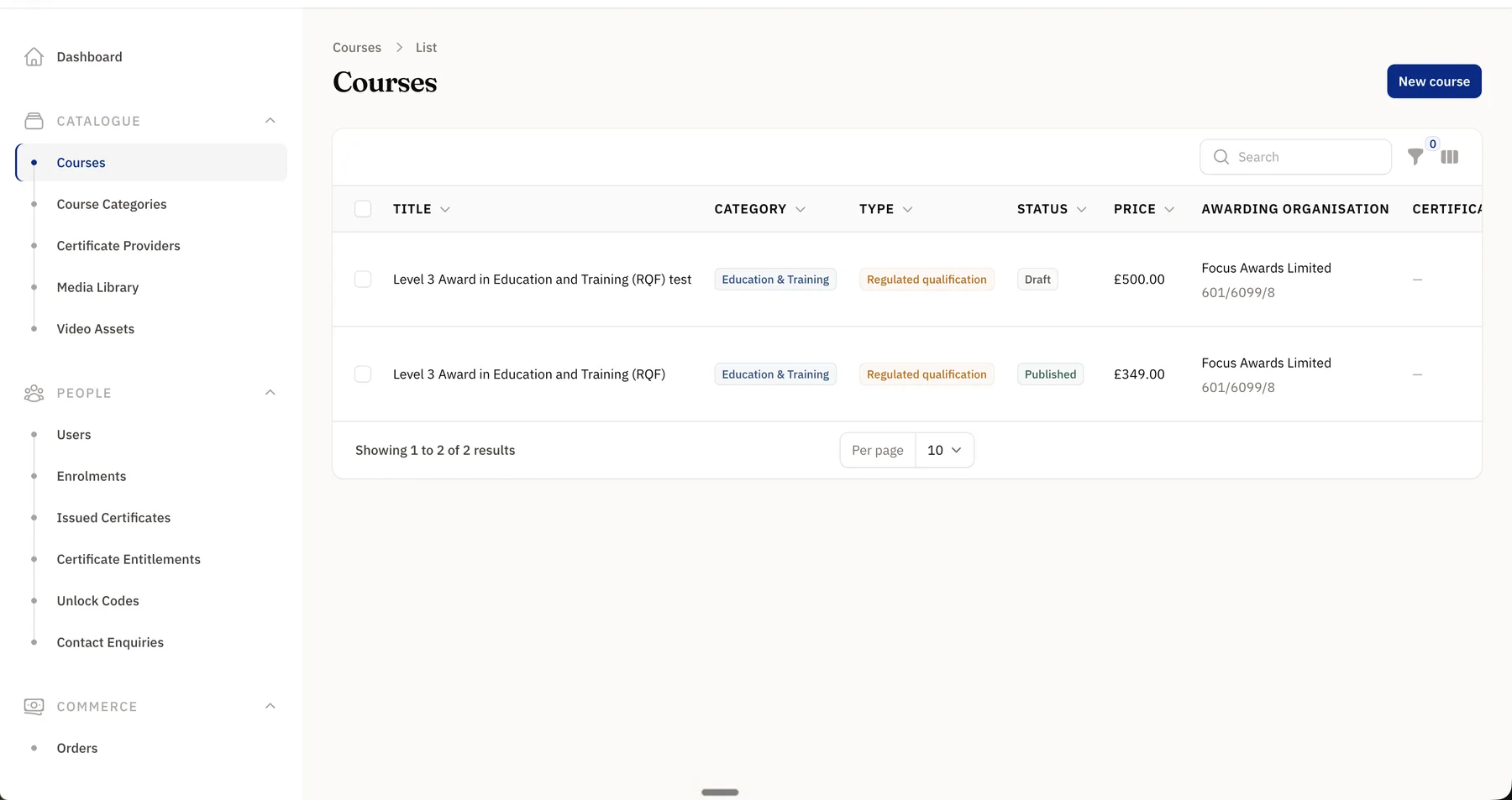 Course list showing type, publication status, price, awarding organisation and regulator reference.
