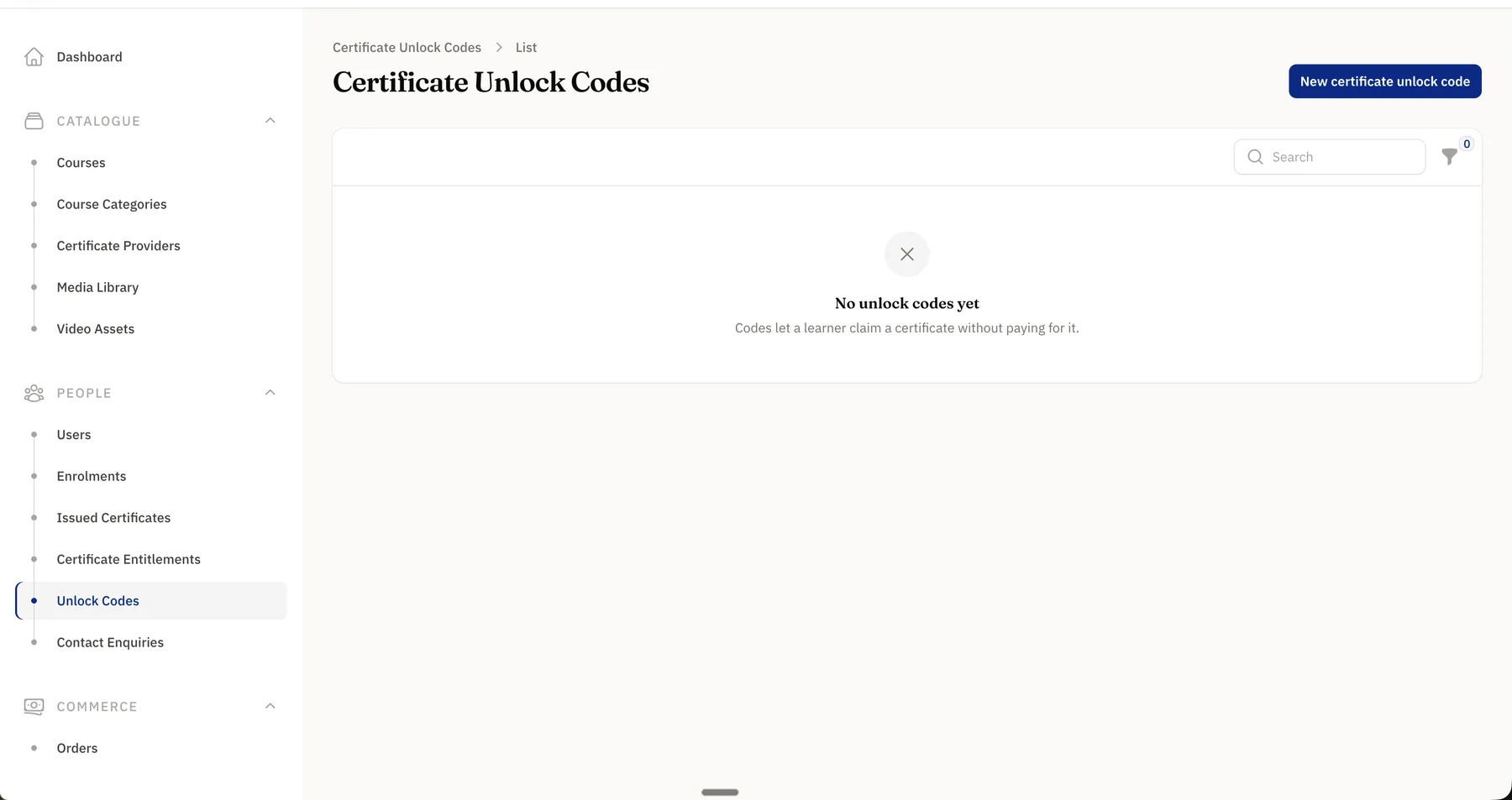 Certificate unlock codes screen, empty, explaining that codes let a learner claim a certificate without paying for it.
