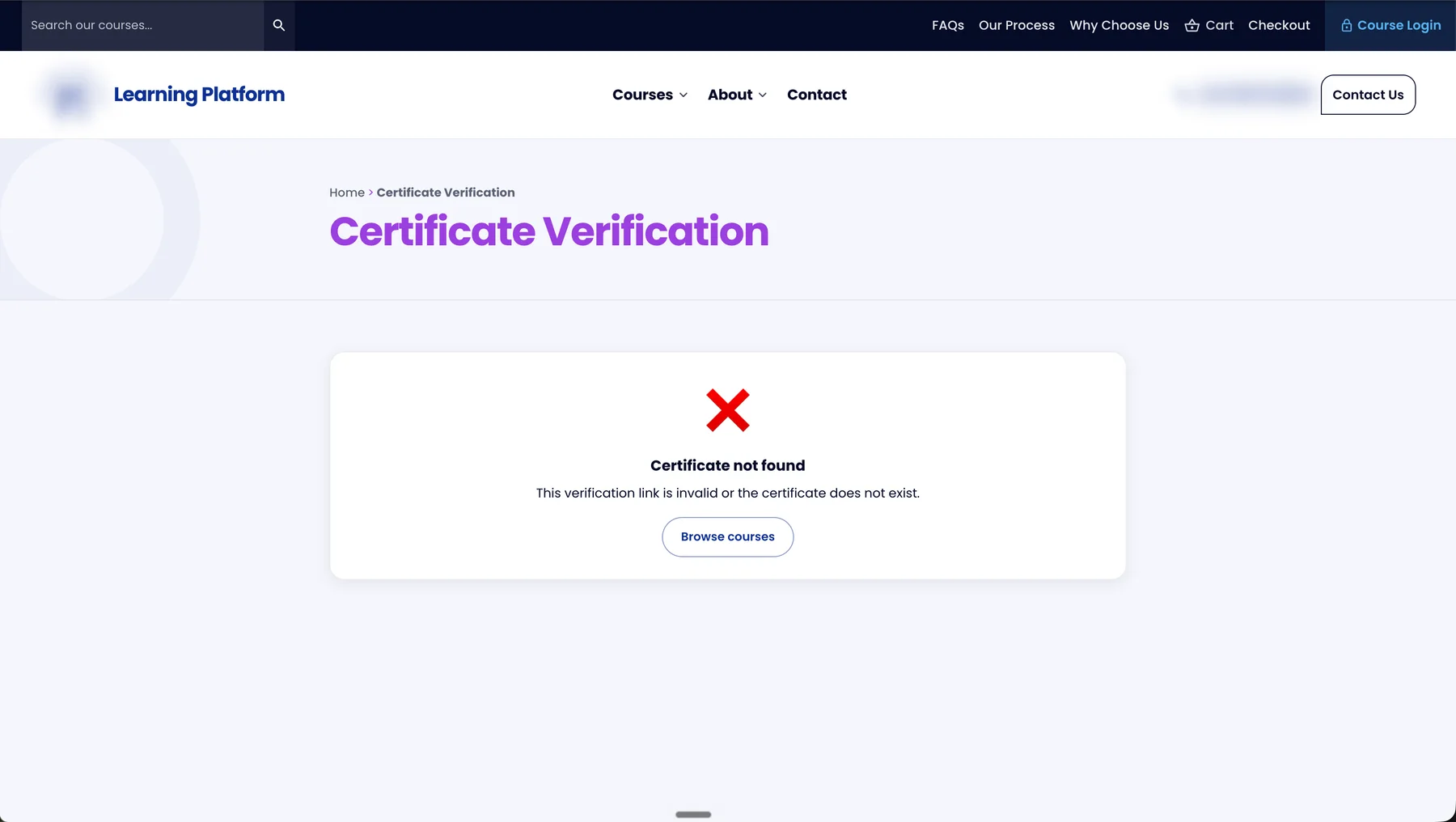Public certificate verification page showing a clear rejection for an invalid verification link.