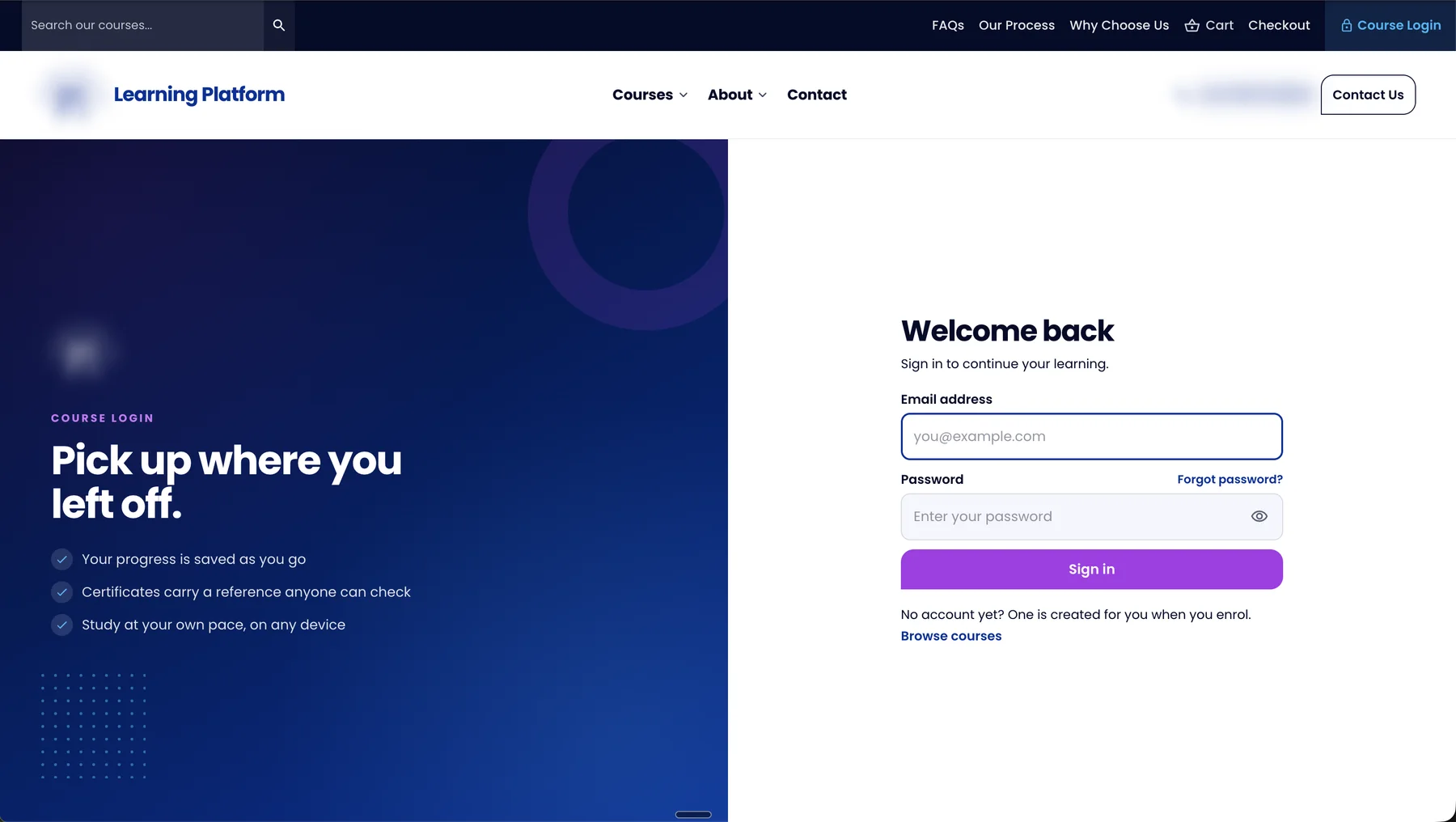 Learner sign-in page noting that progress is saved automatically and certificates carry a reference anyone can check.