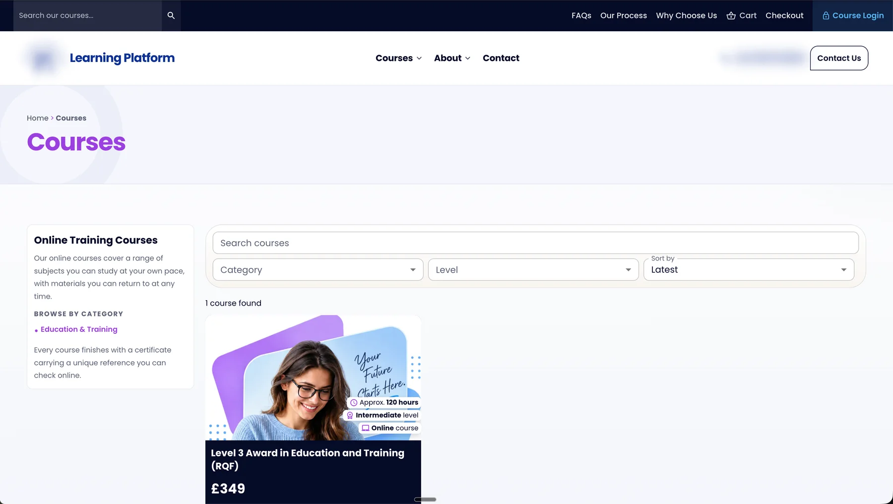 Course catalogue with search, category, level and sort filters beside a course card showing its price.