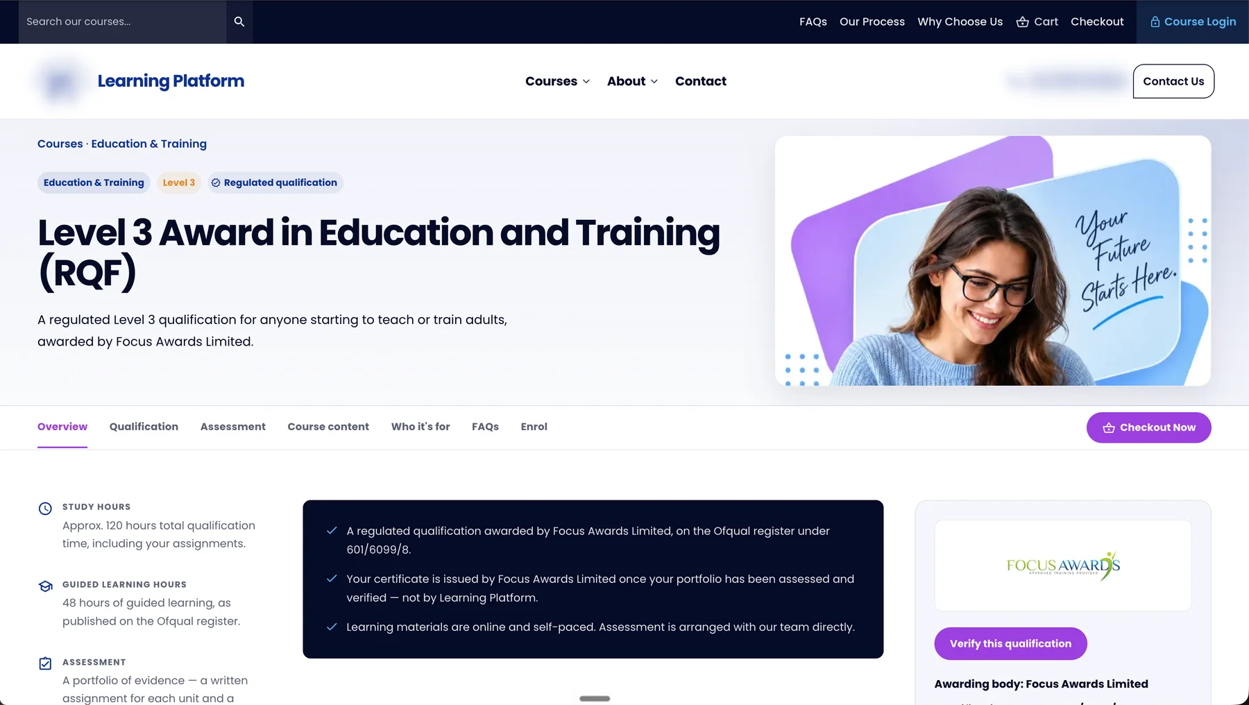 Qualification detail page listing study hours, guided learning hours, assessment method, awarding organisation and its regulator reference.