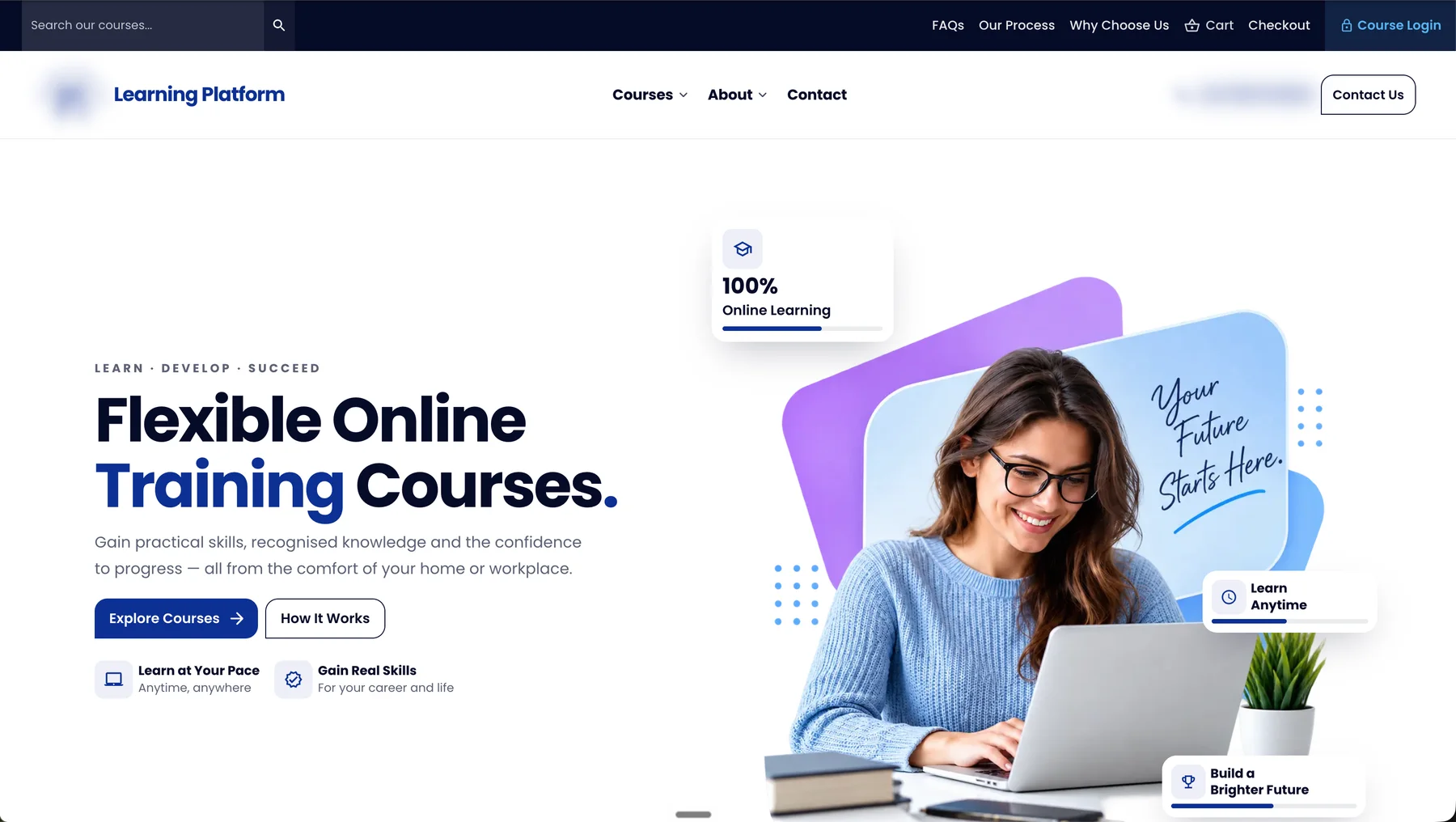 Storefront home page of an online training platform, with a course search bar and introductory panels.