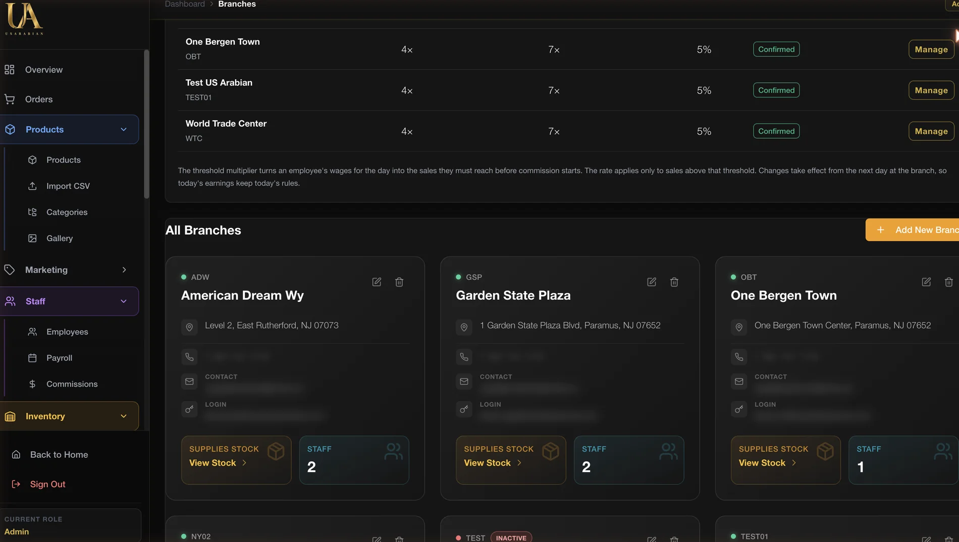 The admin branch management screen listing each retail location as a card.