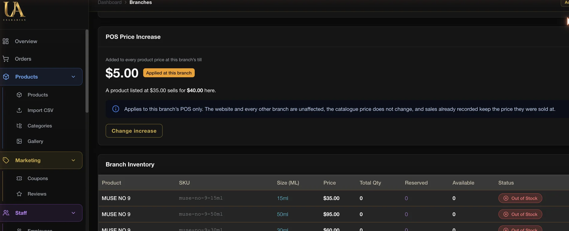 The per-branch point-of-sale price increase setting, explaining that it applies to that branch only.