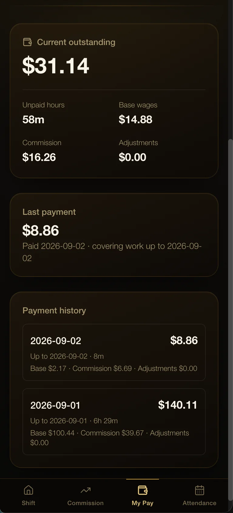 The employee pay tab showing outstanding pay and payment history.