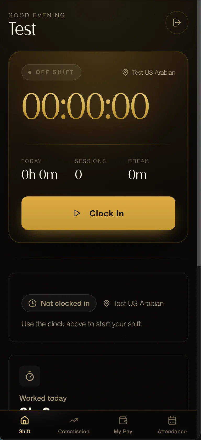 The employee mobile app showing shift state, a running timer and a clock-in button.
