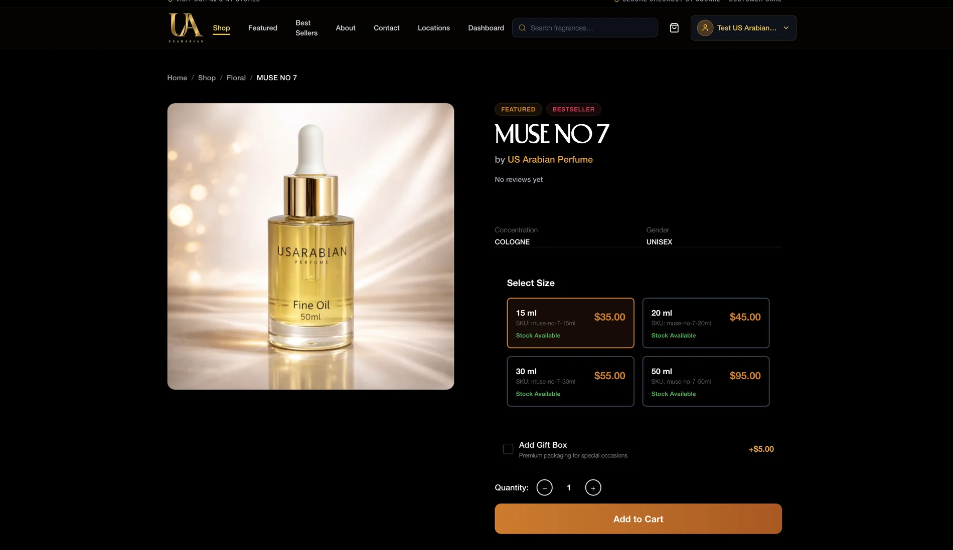 A product page showing four size variants with individual prices and stock.