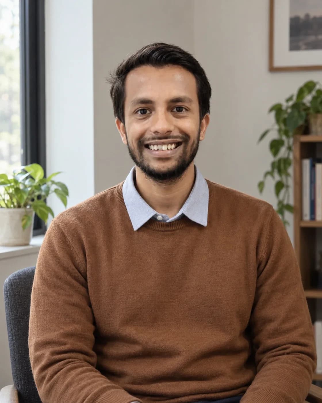 Mamun Ahmed seated in a home office, smiling, with a window and bookshelf behind him.