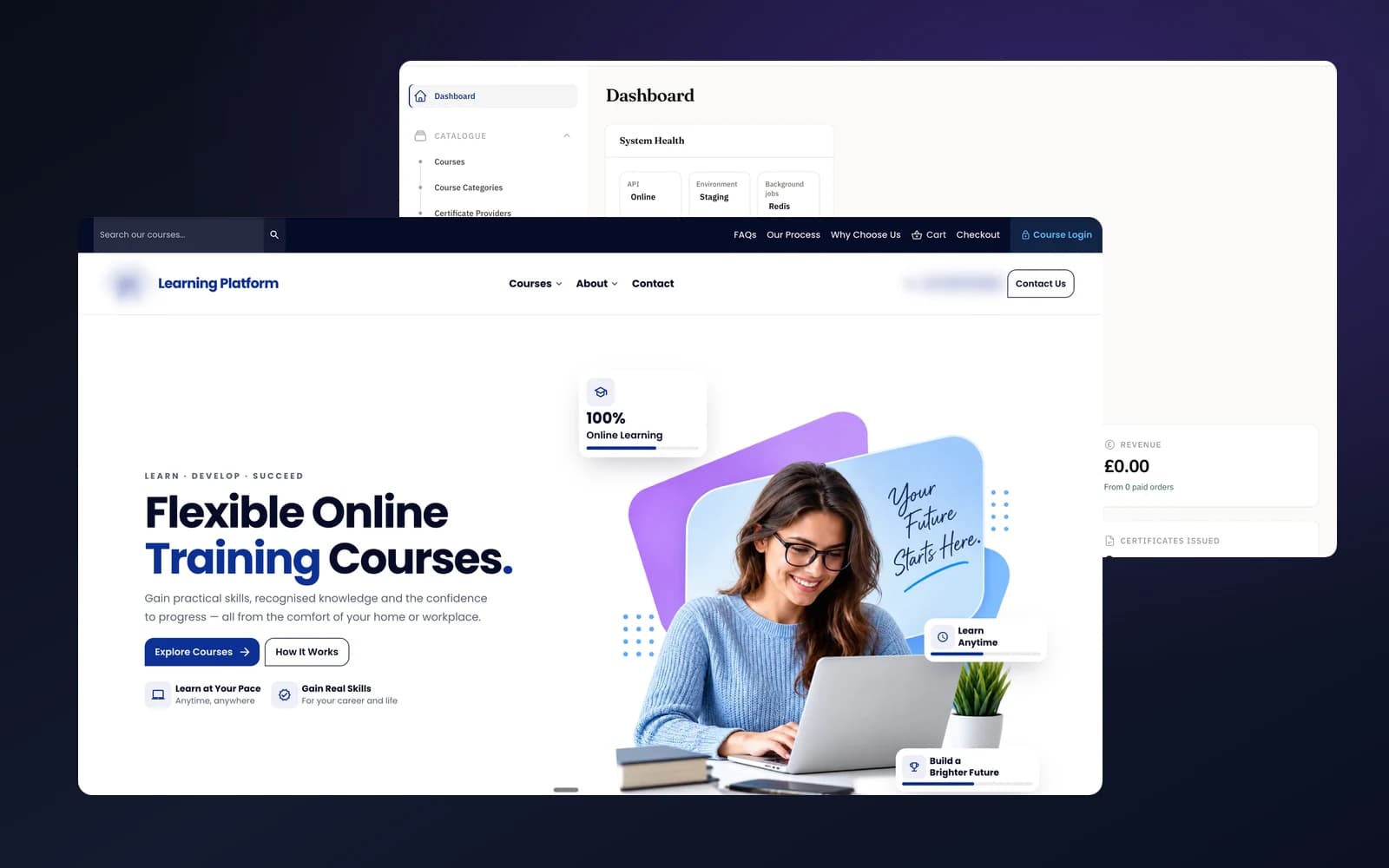 The learner-facing storefront and the operational administration panel of the e-learning platform, shown together.