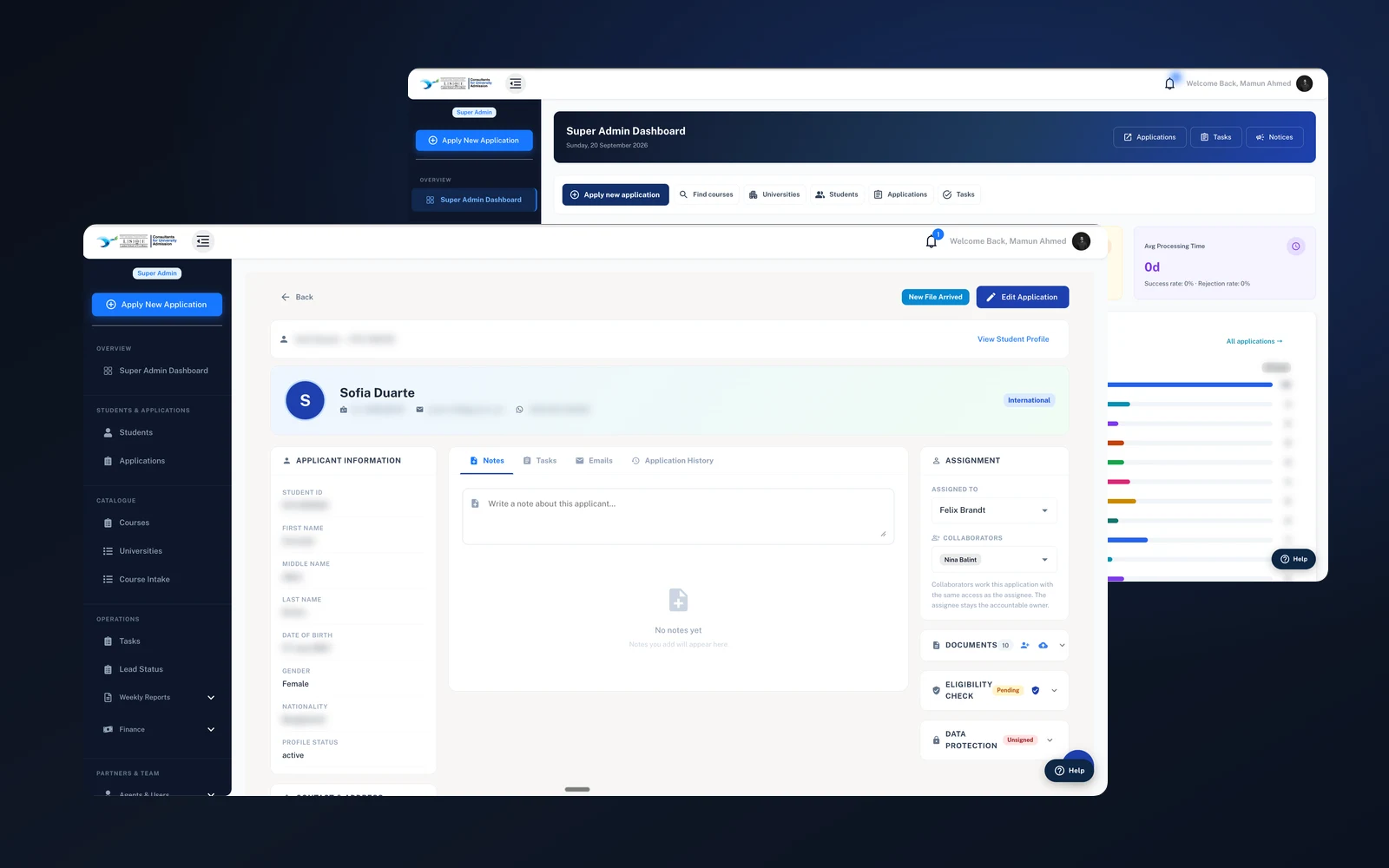 The administrator dashboard and an application detail page from the London School of Excellence platform, shown together.