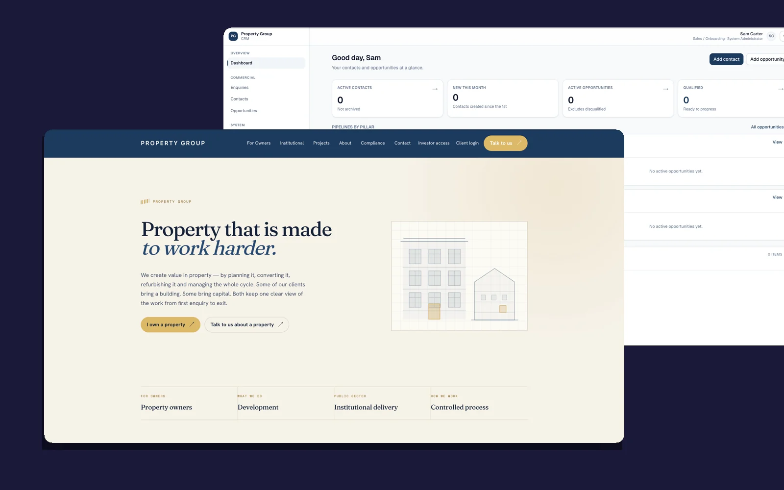 The public property website and the CRM dashboard behind it, shown together: enquiry capture on one side, contact and opportunity tracking on the other.